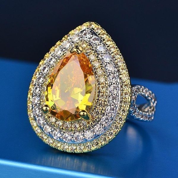 

large water drop yellow zircon stone rings for women luxury austrian crystal engagement rings exaggerated bridal jewelry z4p123, Slivery;golden