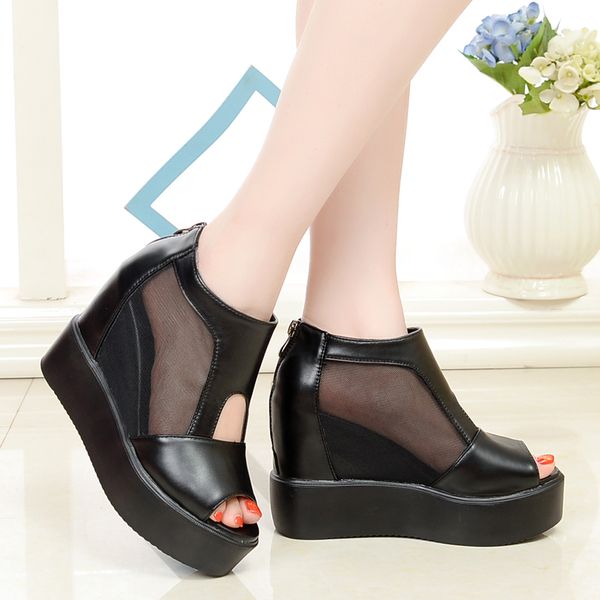 

real leather shoes woman large size lace denim women's shoes high heel sandals increasing height all-match summer heels, Black