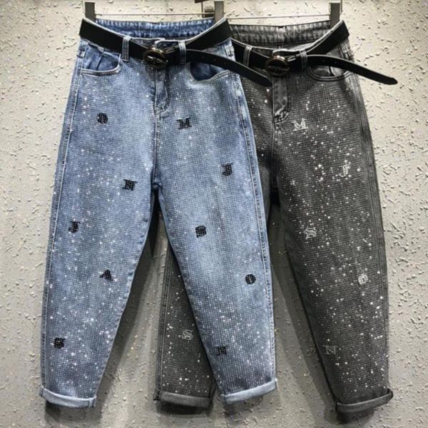 

plus size 26-31spring summer new fashion diamond embroidered jeans women loose ankle length harem pants, Blue