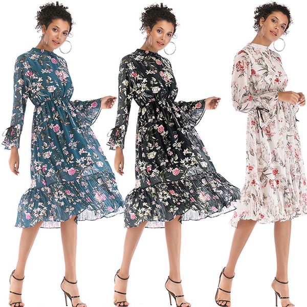 

2020 spring selling floral large swing dress womens dress, White;black