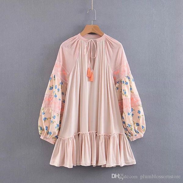 

boho pink mini dress women new summer bohemian holiday clothing long sleeve v neck vintage dresses floral print beach loose short dress