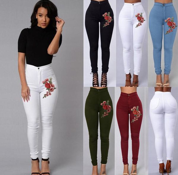 

women's high waist jeans slim stretch large size denim jeans button pocket embroidered flower casual skinny pencil #b, Blue