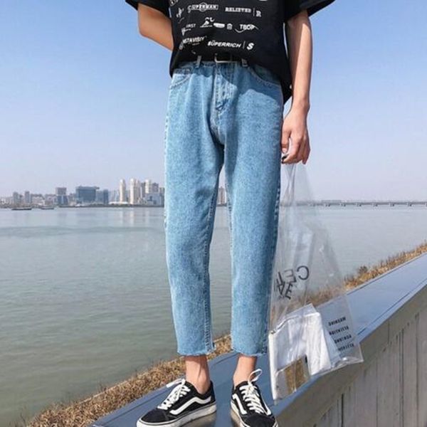 

2019 spring and summer new men's slim straight jeans casual trousers simple fashion jeans pants feet edging pants, Blue