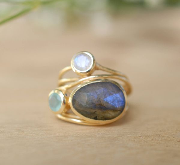 

zhenrong покрынное золото инкрустированные красочные лунный камень кольцо европейский и американский женская креативная многослойная моделир, Golden;silver