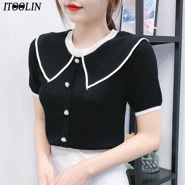 

itoolin 2020 new summer pullover elegant short sleeve patchwork ladies knitted tee slimming shirts femininas pullover, White
