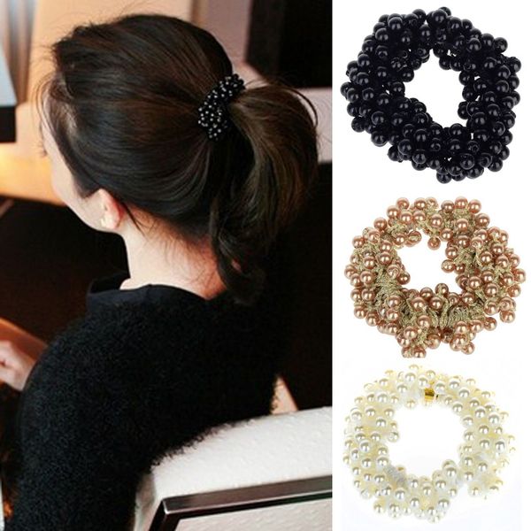 

Fashion Women Headdress Girls Pearls Beads Hair Band Rope Scrunchie Ponytail Holder Trendy White Gold Black