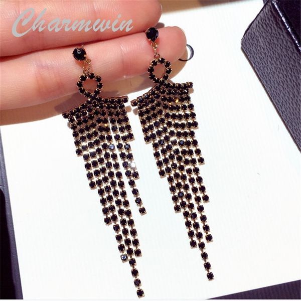 

charmwin new korean silver needle tassel earrings dangle earrings for women exaggerated rhinestone long earrings women pe1880