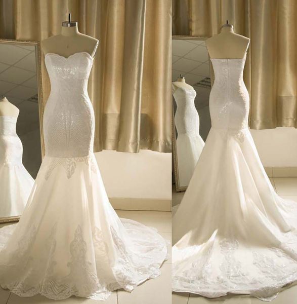 

2020 mermaid wedding dresses strapless embroidery lace applique sequins sweetheart custom made plus size wedding bridal gown plus size, White