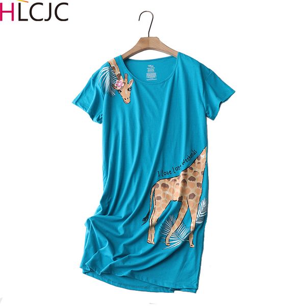 

2020 summer female loosen giraffe cartoon nighty dress ladies cotton soft nightgown women short sleeve round collar sleepshirt, Black;red