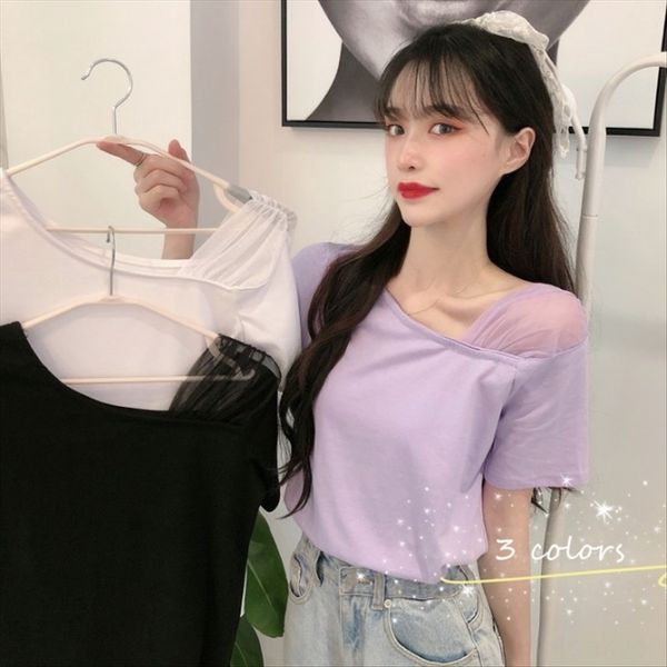 

duan xiu 2020 female all-match design t-shirt shoulder strap shoulder strap sense stitching mesh strapless t-shirt ins, White