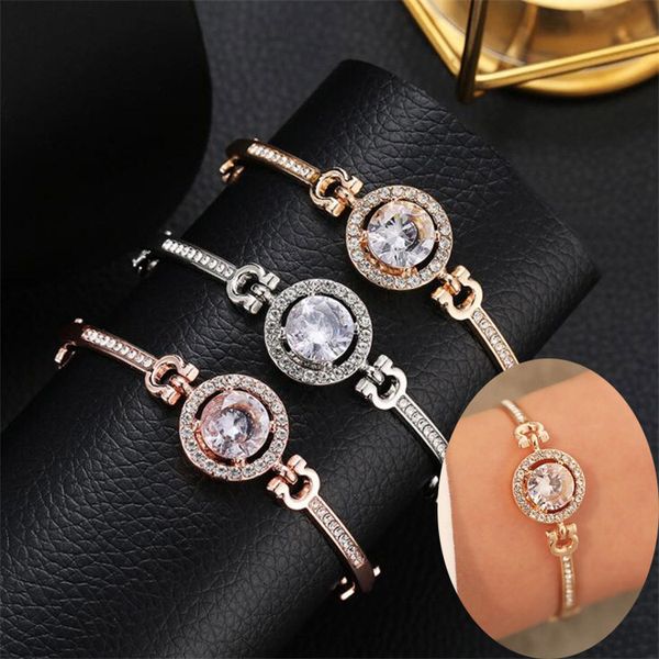 

luxury cubic zirconia stone charm bracelets for women bling artificial diamond gold silver rose gold chain bangle fashion jewelry gift, Golden;silver