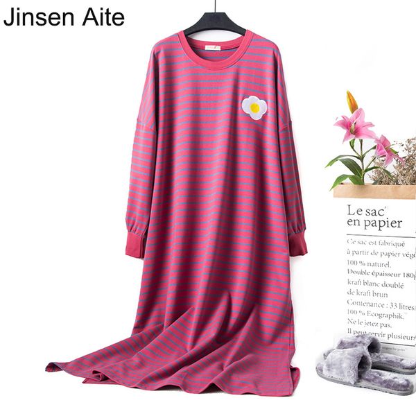 

jinsen aite 2019 cotton striped long sleeve large size home dress pregnant sleepwear casual women nightgowns sleepshirts js752, Black;red