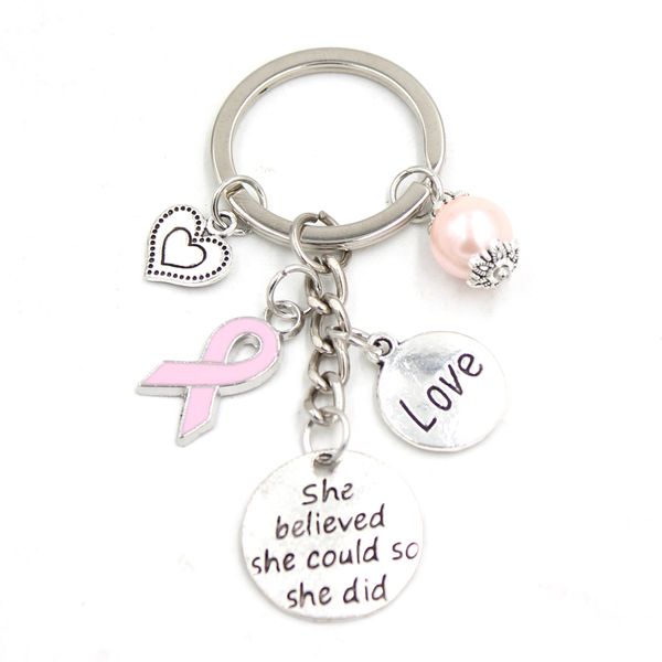 

new arrival wholesale breast cancer awareness jewelry heart love pink ribbon charms key chain keyrings gifts, Slivery;golden