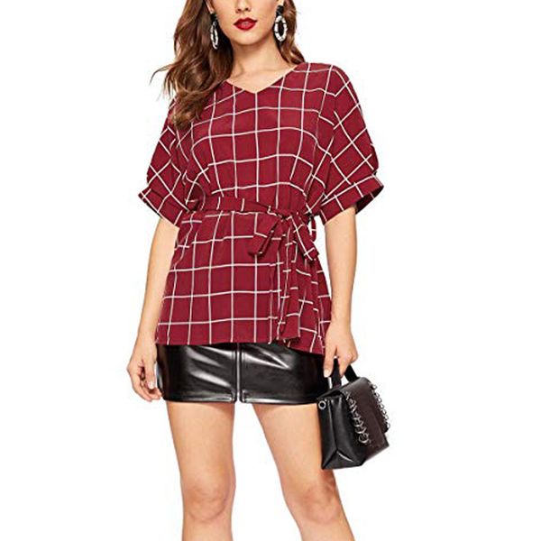

jaycosin blouses women's summer casual self tie short sleeve v neck slim lattice shirts plaid novelty loose beach 520, White