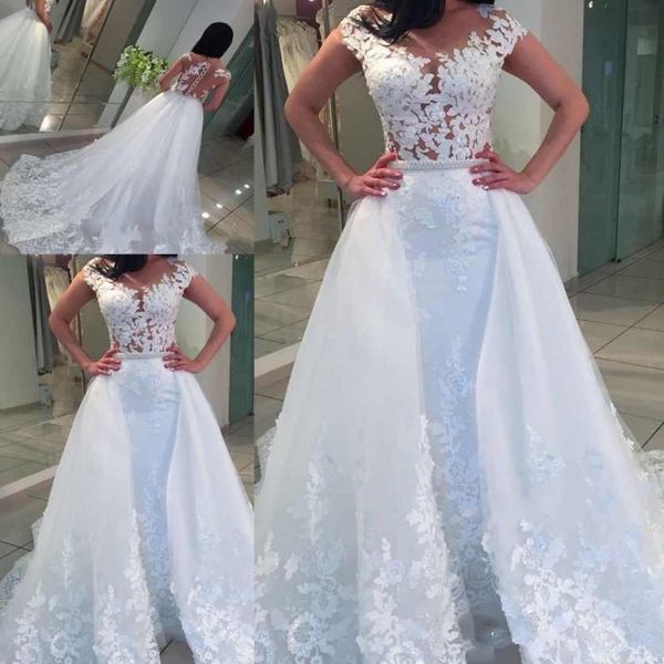 

custom made a-line wedding dresses v neck overskirt capped sleeves bridal gowns appliques sweep train wedding gowns robe de mariee, White