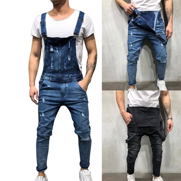 

2019 fashion men's ripped jeans jumpsuits vintage distressed denim bib overalls men suspender pants playsuit one piece trousers, Blue