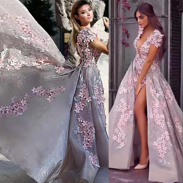 New Sexy Prom Dresses Plunging V Neck Short Sleeves Pink 3D Flowers Lace Applique Side Split Open Back Long Evening Dress Wear Party Gowns