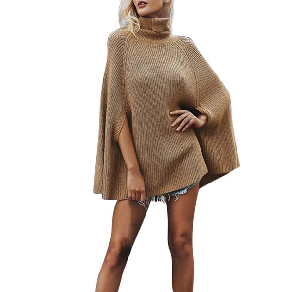 

fashion women solid turtleneck knitted half sleeve pullover sweater cape shawl sweater streetwear jumper pull femme z0806, White;black