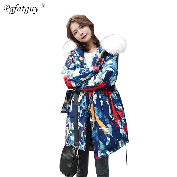 

2018 women colorful print thick warm coat winter jackets big fur collar long parka female womens down cotton padded jacket coat, Black