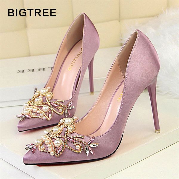 

bigtree women pumps rhinestone high heels shoes women pointed toe crystal pearl party shoes wedding, Black