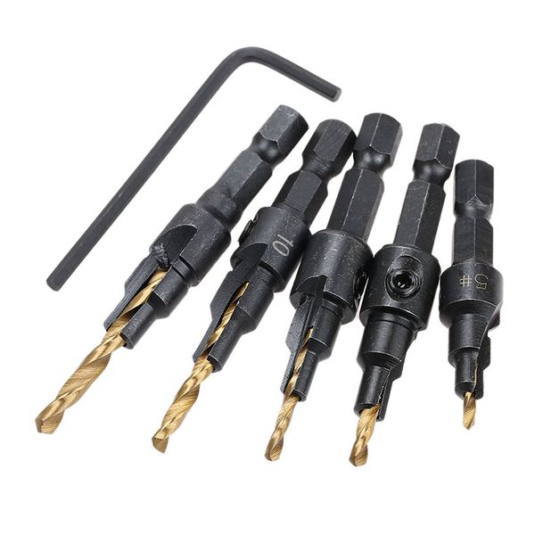 

5pcs #5 #6 #8 #10 #12 hss countersink drill bit set quick change hex shank screw