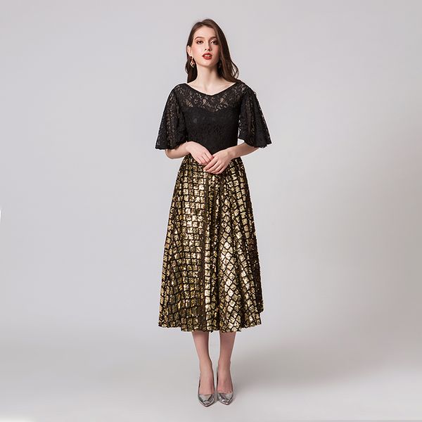 

mm03 half sleeve formal cocktail prom dress lace sequin below homecoming dress knee length a-line lace up back homecoming party dress, Black