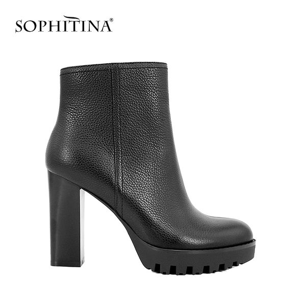 

sophitina ankle boots super high square heel platform solid boots retro genuine leather round toe party warm lady shoes b13, Black
