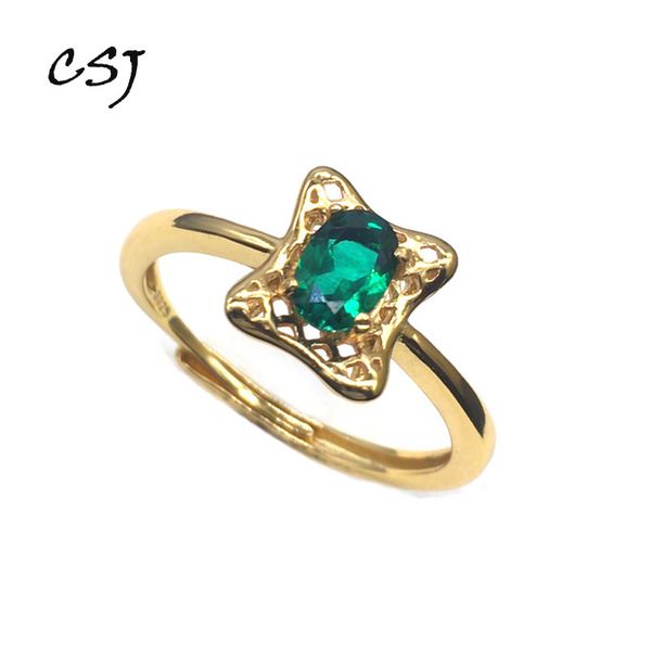 

csj 11.11 created emerald rings modern stylish real 925 silver sterling oval4*6mm cut fine jewelry for women gift, Golden;silver