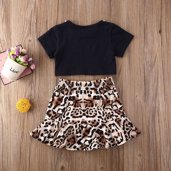 

2020 summer 2pcs female children's clothing cotton black t-shirt leopard skirts outfit for 1-5years toddler baby girls, White