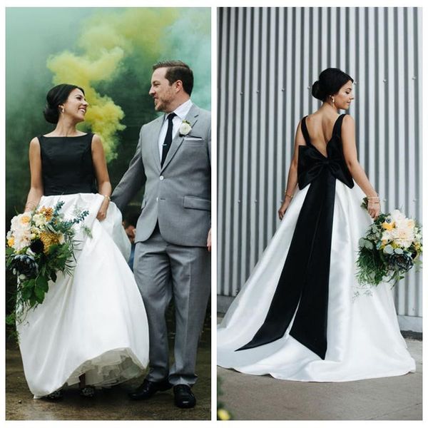 

charming a-line satin wedding dress for sale low v back sweep train voiles de mariage black tie wedding dresses, White