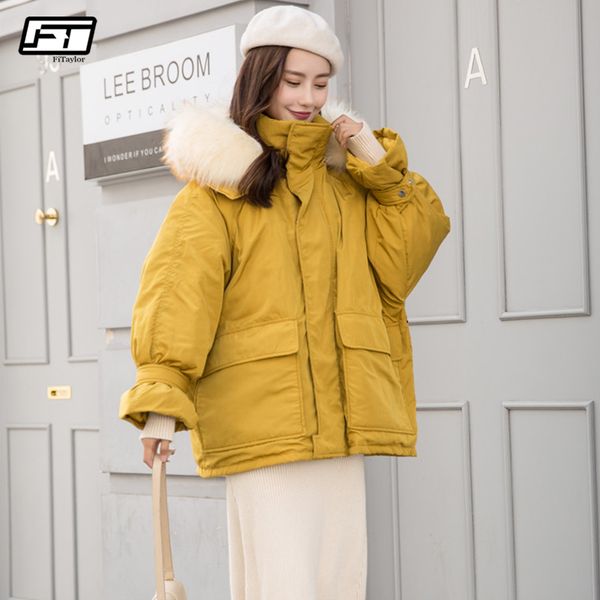 

fitaylor women winter duck jackets large real fur hooded short parkas female slim warm white duck down coat snow outwear, Black