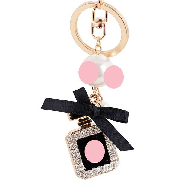 

new elegant pearl crystal rhinestone perfume bottle key chain fashion golden key ring women's car bag charm chain gift, Silver