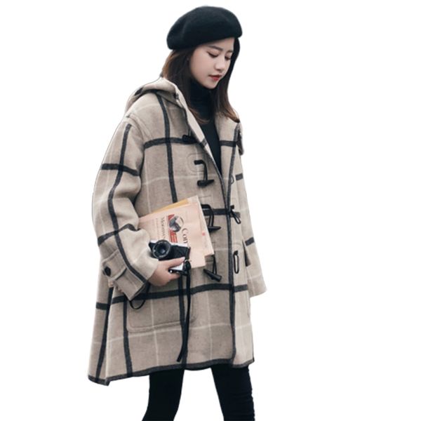 

2020 new korean long warm wool coat ladies loose hooded lattice outerwear autumn winter horn buckle woolen coat high grade women, Black