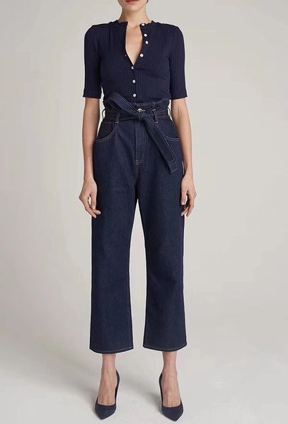 

women pants 2019 new vintage dark blue high waist bow with straight jeans