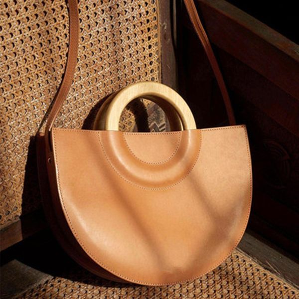 

new handmade straw woven bags for women vintage solid big wood handles ladies handbag beach weave femme shoulder bags handbags