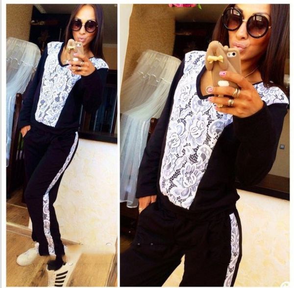 

designer black color tracksuit women lace splicing sweat suits autumn womens print tracksuits jogger suits jacket +pants sets sporting suit, Gray