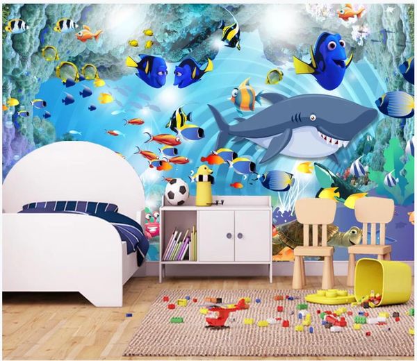 Foto personalizzate sfondi 3d murales carta da parati 3d cartone animato squalo mondo sottomarino camera dei bambini camera dei bambini pittura decorativa murale carta da parati