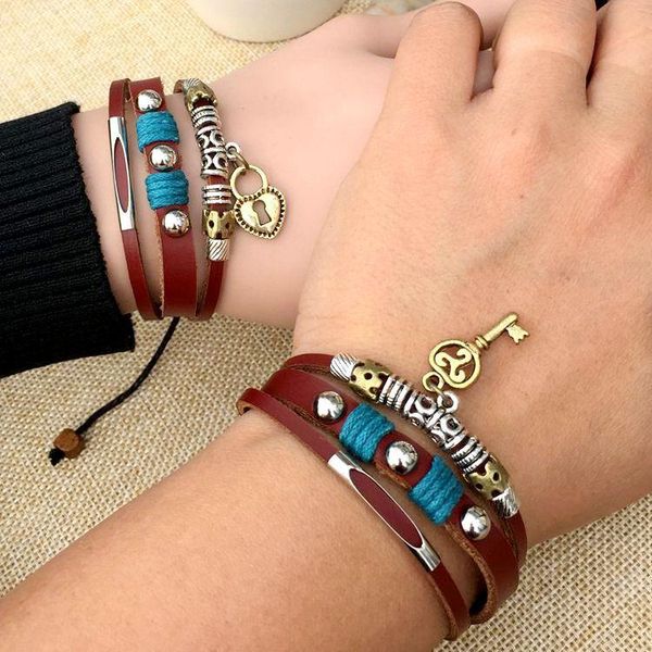 

handmade key and lock cow real leather bracelets for lover men and women wholesale ing, Golden;silver