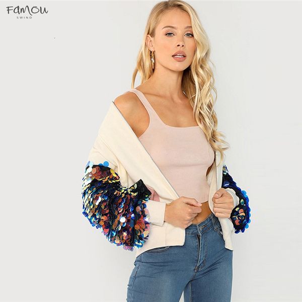 

White Highstreet Sequin Contrast Elegant Sleeve Pocket Front Zipper Zipper Up Jacket Autumn Casual Fashion Women Coat Outerwear