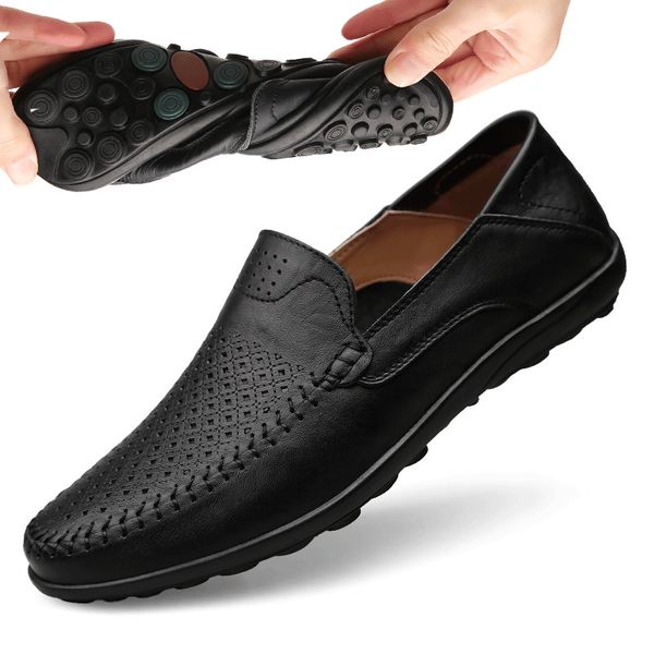 

2019 casual men shoes genuine leather breathable moccasins loafers waterproof male flats slip on driving shoes new big sizes 47, Black