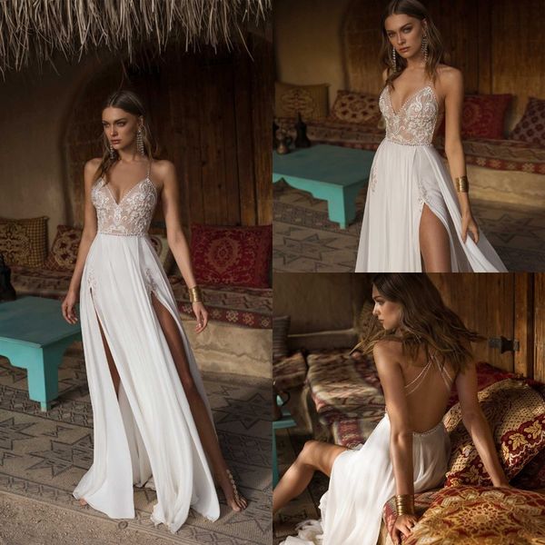 

beach boho a line wedding dress side slit v-neck backless bride dress spaghetti straps chiffon sleeveless wedding gown vestido de noiva, White