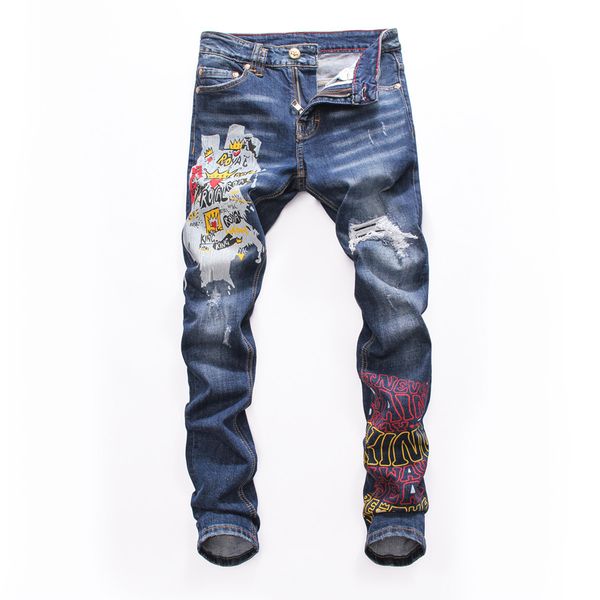 

new designer mens jeans skinny pants casual luxury jeans men fashion distressed ripped slim motorcycle mens ripped jeans luxury pants, Blue