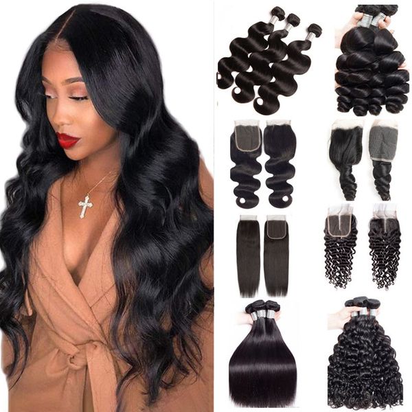 Peruvian Deep Wave Virgin Hair Bundles With Closure Straight Body