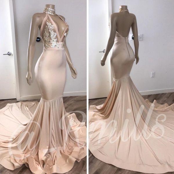 

glitter halter deep v neck sequined prom party dresses 2020 mermaid backless long evening gowns nude sheer prom dress, Black
