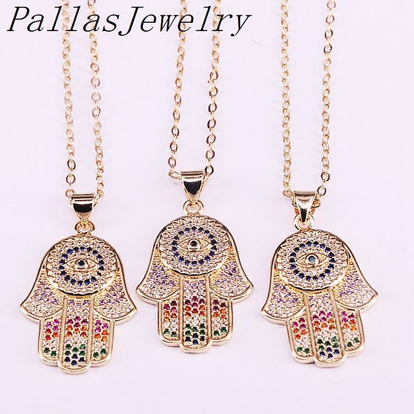 

10шт многоцветный цирконий мода радуга проложить хамса ручной кулон для женщин ювелирные изделия золотые ожерелья, Silver