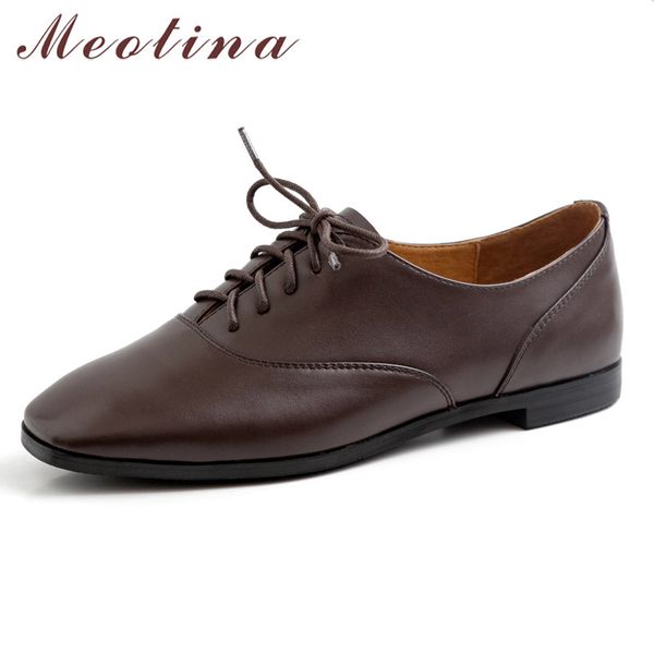 

meotina genuine leather flats women oxfords shoes casual lace up flat derby shoes real leather square toe ladies autumn 39, Black