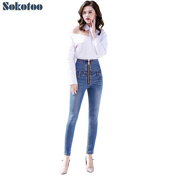 

women's high waist zipper lace up skinny pencil jeans blue black stretch denim pants