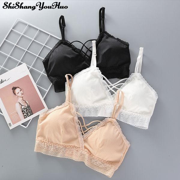 

women lace ruffles push up bras wireless lace padded bras floral female underwear front cross crop for girls brassiere femme, Red;black