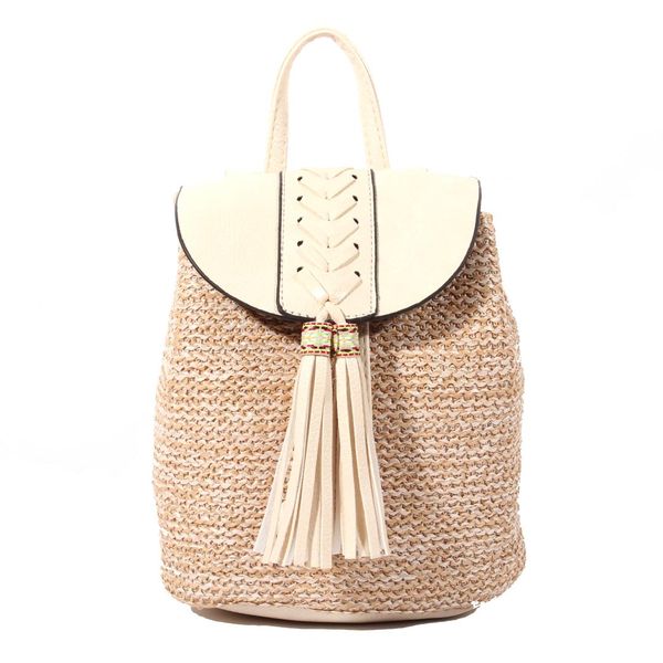 White Straw Woven Lady Backpack With Tassel Decoration Striped