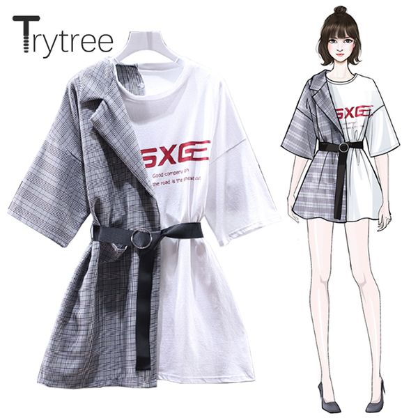 

trytree summer dress asymmetry women plaid patchwork t-shirt dresses o-neck sashes above knee loose black and white casual dress, Black;pink